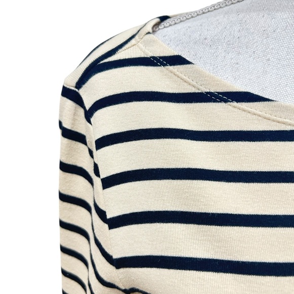 J.Crew Navy & Cream Striped long sleeved Top feather trim cuffs size small - Picture 7 of 11